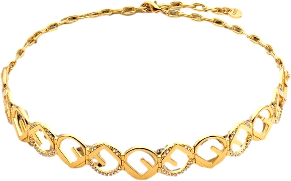 FENDI F is Logo Choker Necklace White Crystal Gold Metal Chain, 8AG980 Adjustable 10 to 15 inch chain Secure lobster clasp Customizable fit Includes box and authenticity card